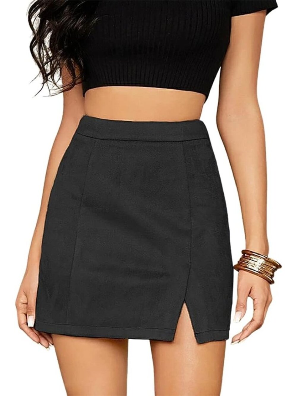 Women's Black Faux Suede High Waisted Side Split Bodycon Short A-Line Mini Skirt